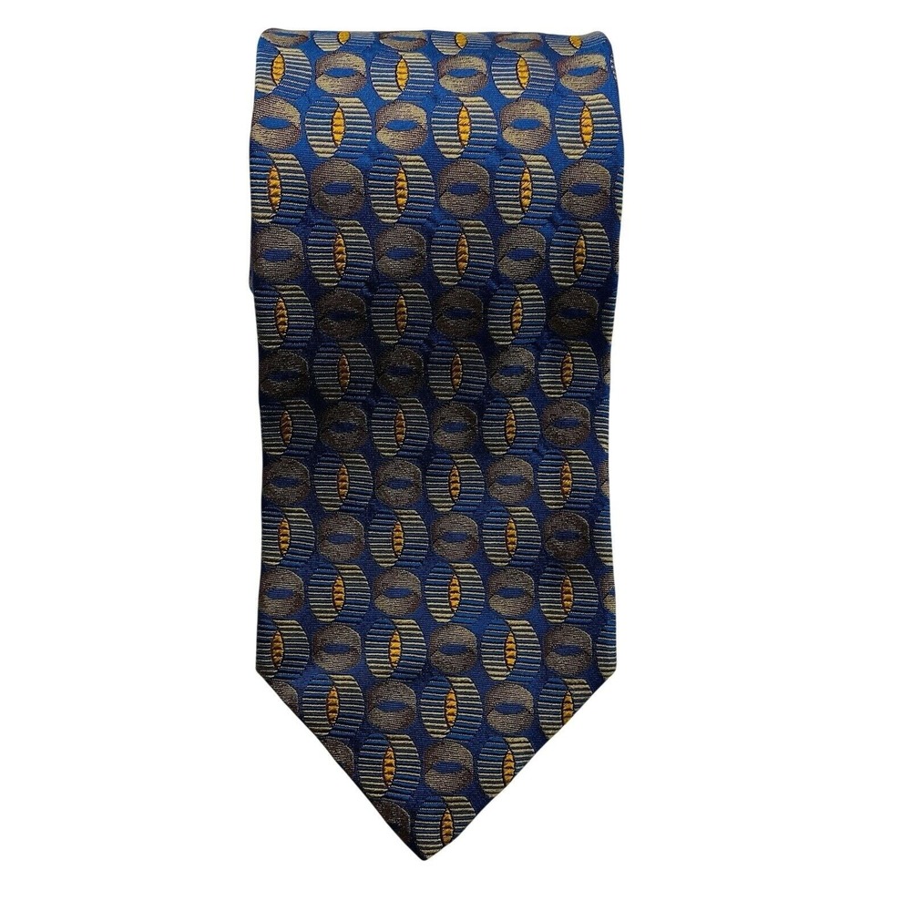 Ermenegildo Zegna Men Silk Tie Blue Gold Geometric Italy Luxury Classic